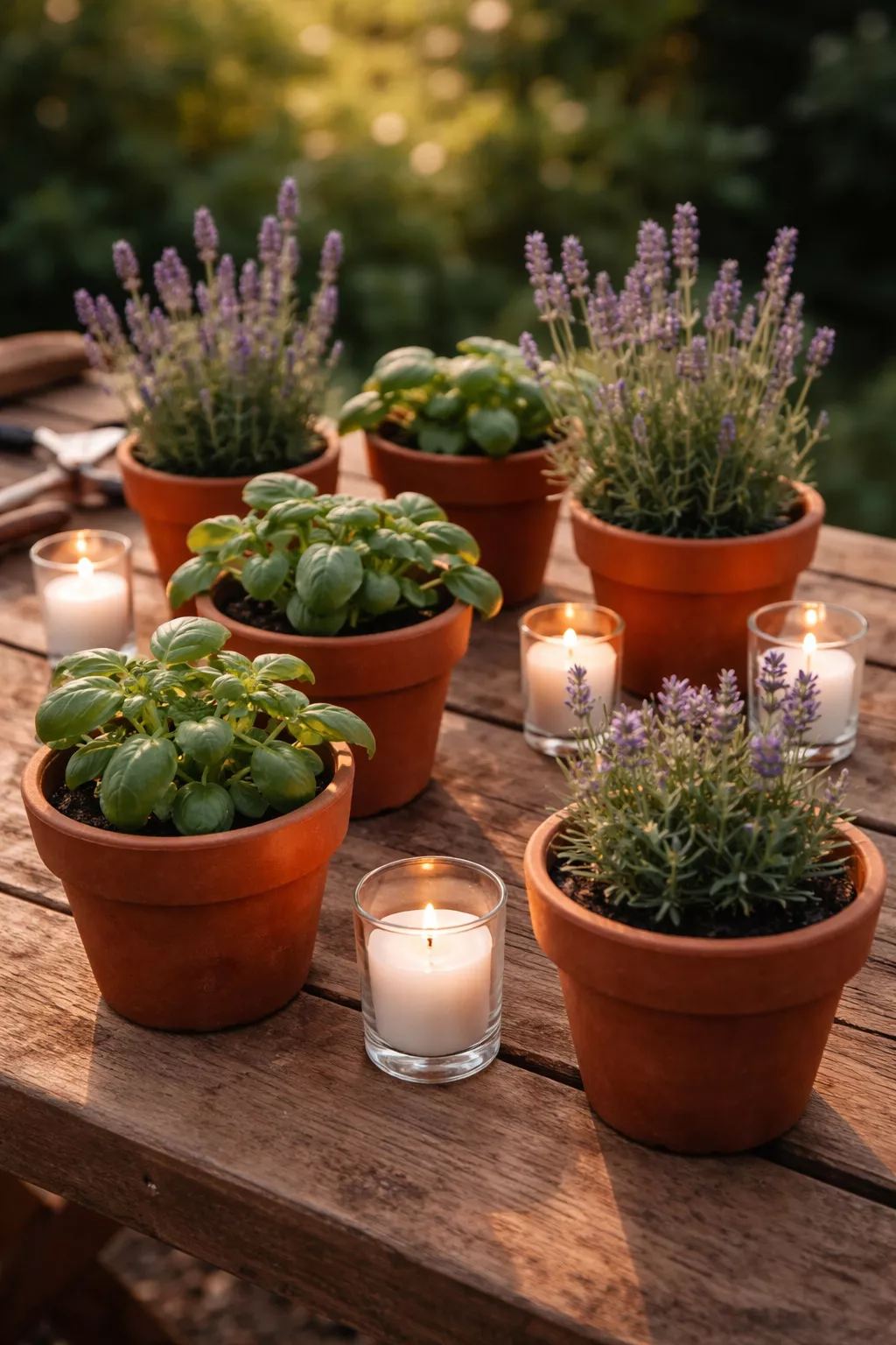 A realistic photo of small terracotta pots containing green basil and lavender plants arranged on a wooden table with small white candles.