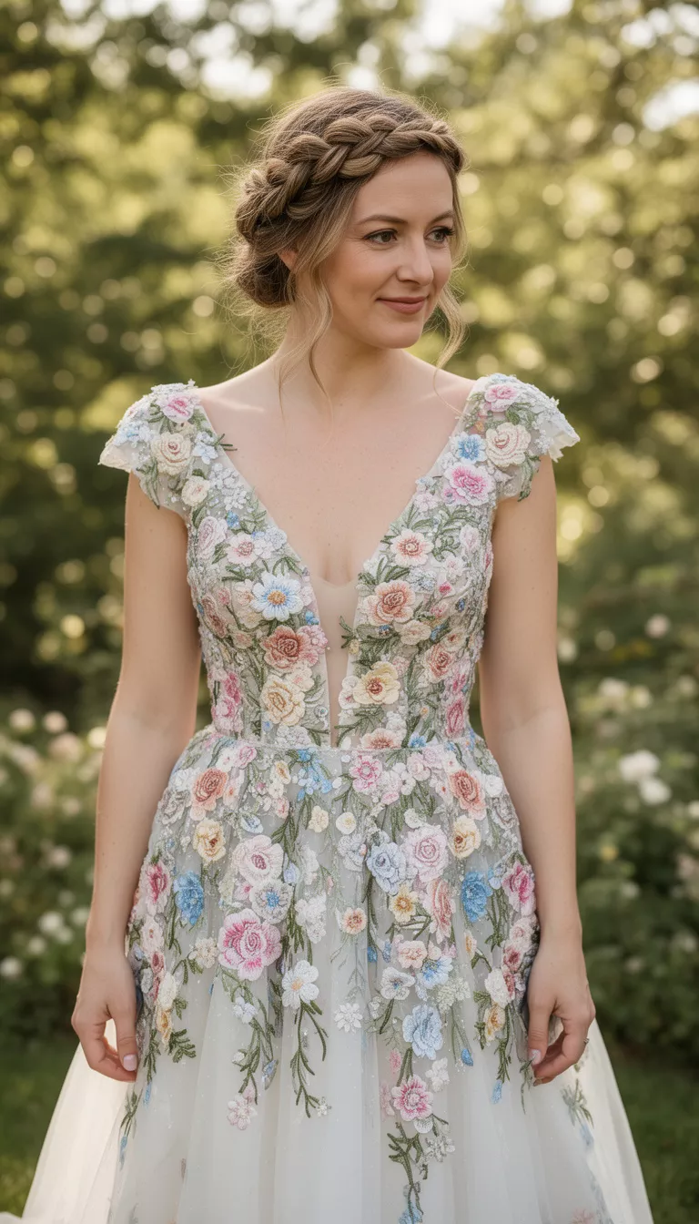 casual photo of a 31-year-old bride wearing a whimsical floral embroidered gown with a loose braided crown, shot with an iPhone 15 Pro Max
