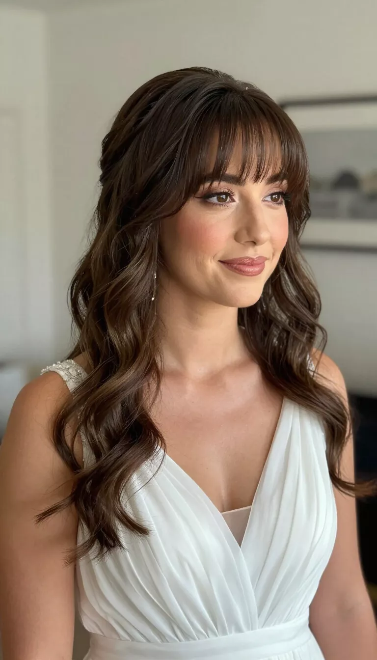 close-up photo of a 26-year-old American bride wearing a simple chiffon beach wedding dress with Beachy Waves with Micro Bangs, shot with an iPhone 15 Pro Max