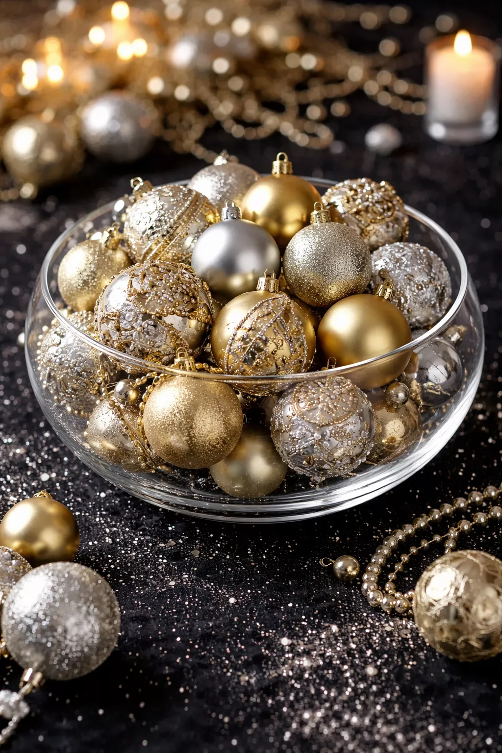A realistic photo of gold and silver ornaments in a glass bowl sitting on a black tablecloth with silver glitter.