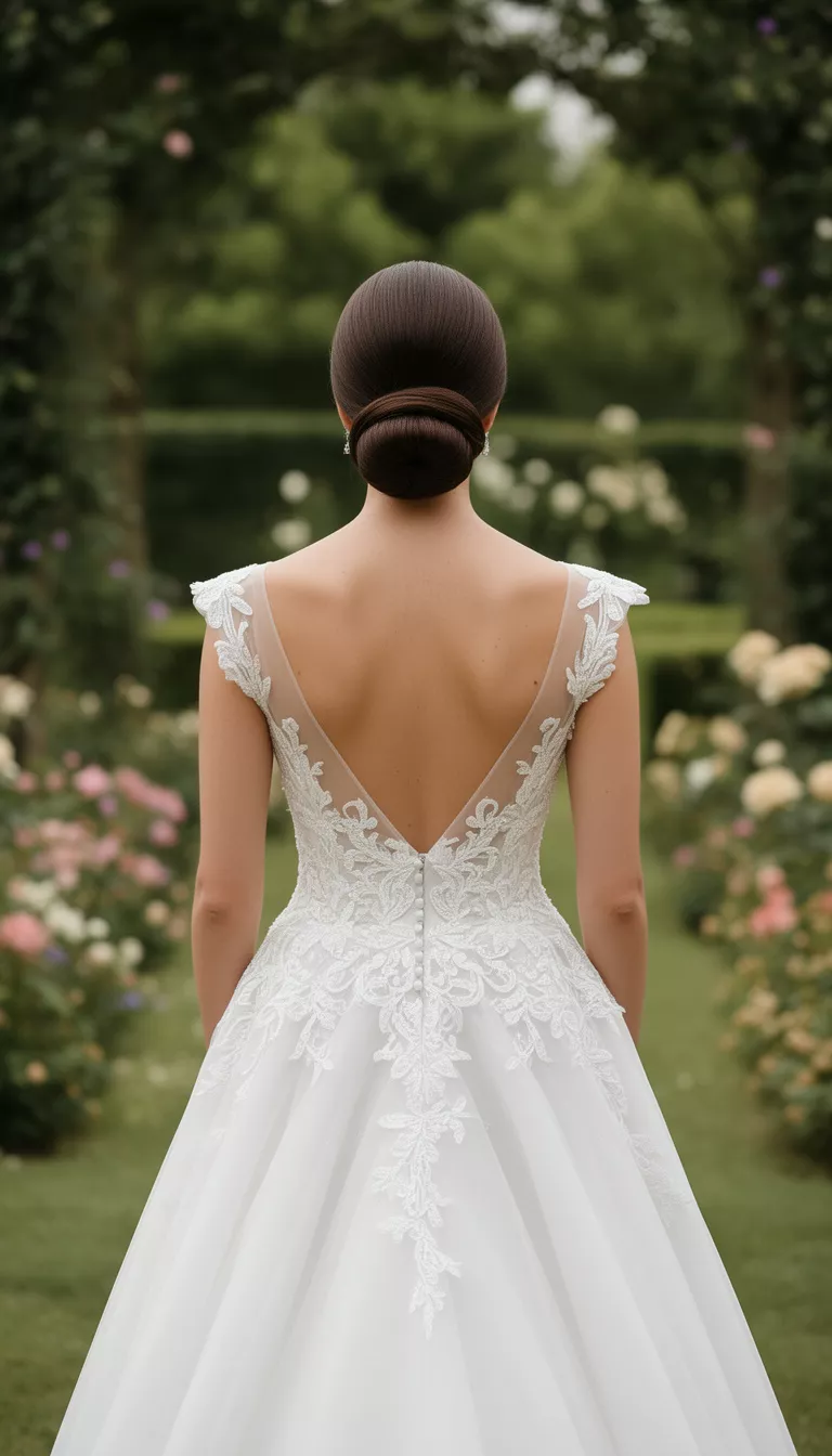 casual photo of a 33-year-old bride wearing a structured modern wedding gown with a sleek low bun, back view, shot with an iPhone 15 Pro Max