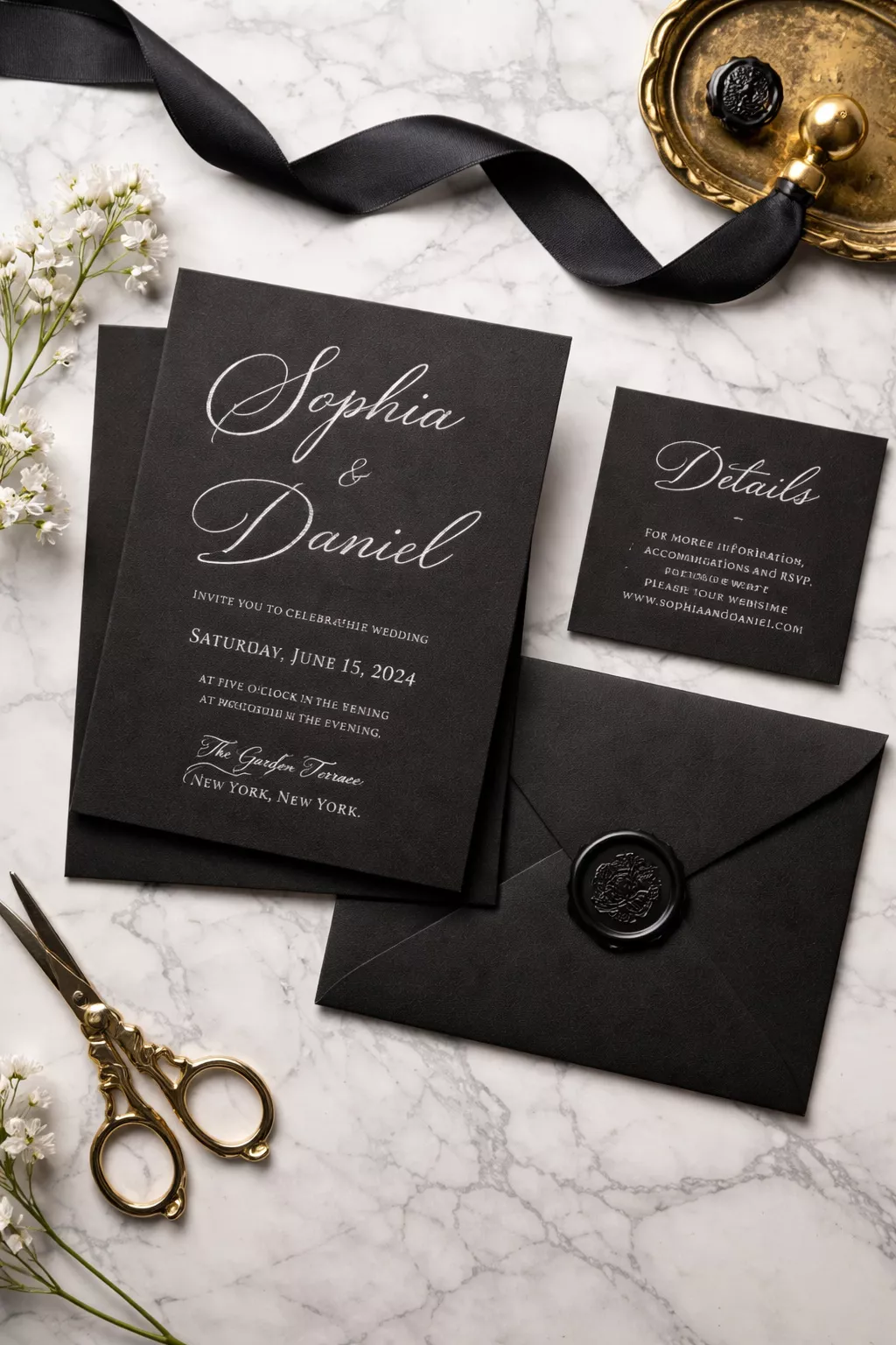 A realistic photo of a wedding invitation suite featuring heavy black cardstock with white foil calligraphy and a black wax seal on a marble surface.