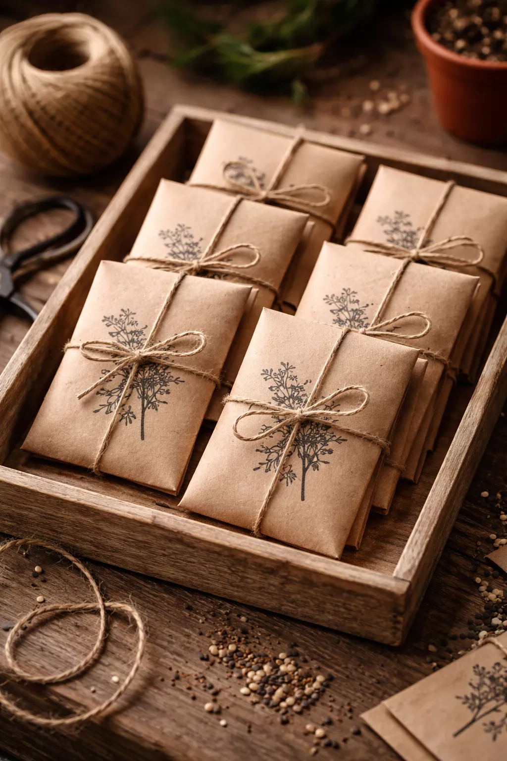 Seed Packet Favors A realistic photo of small brown kraft seed envelopes with a black botanical stamp, tied with thin jute twine and arranged in a shallow wooden tray.
