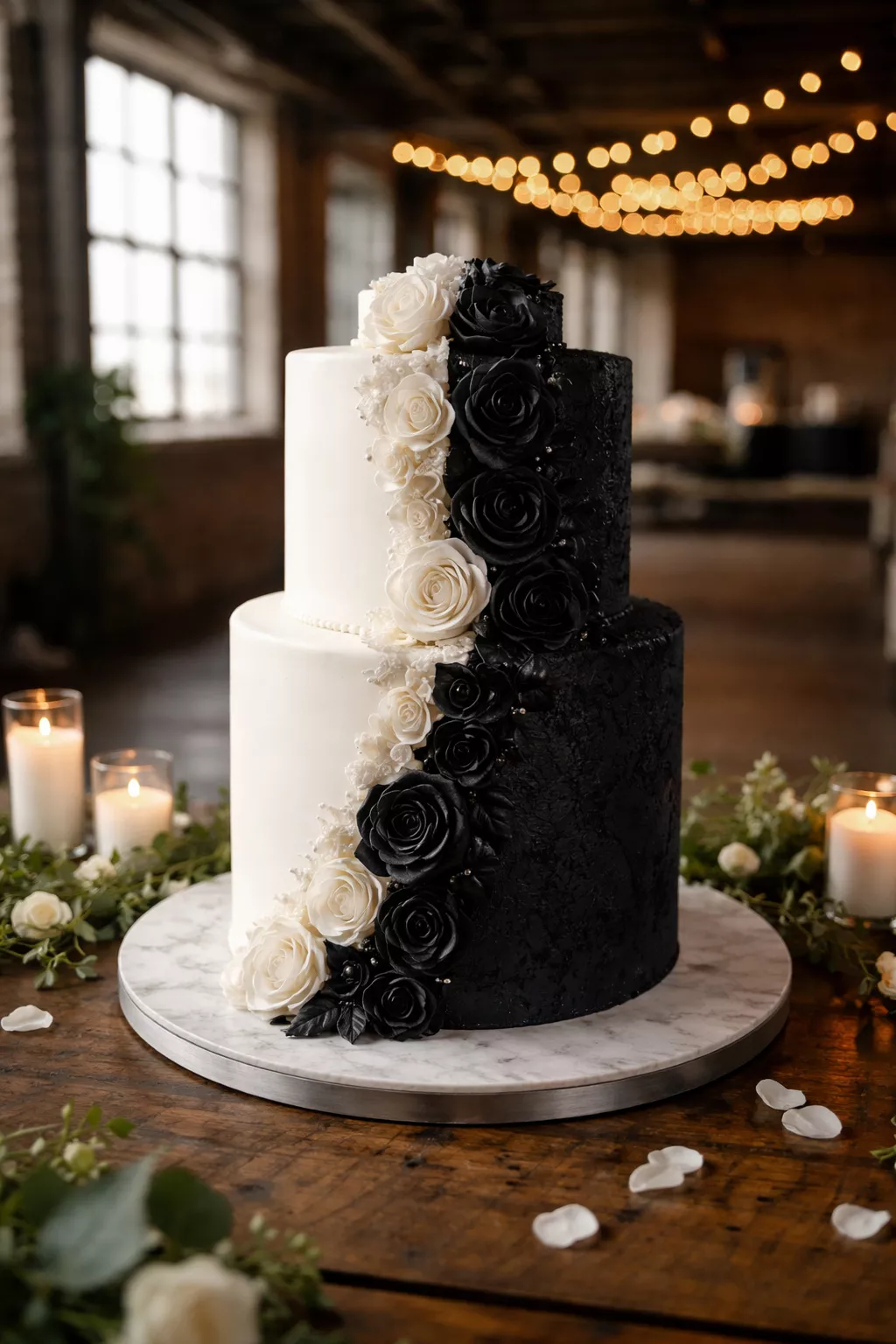 A realistic photo of a wedding cake with one half finished in smooth white fondant and the other half in rough black texture, creating a sharp vertical split, in an urban industrial loft.