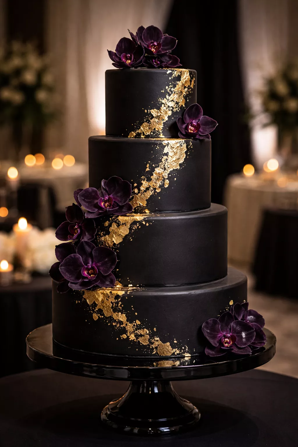 A realistic photo of a four tier wedding cake with smooth black fondant, decorated with real gold leaf and dark purple orchids, sitting on a black pedestal.