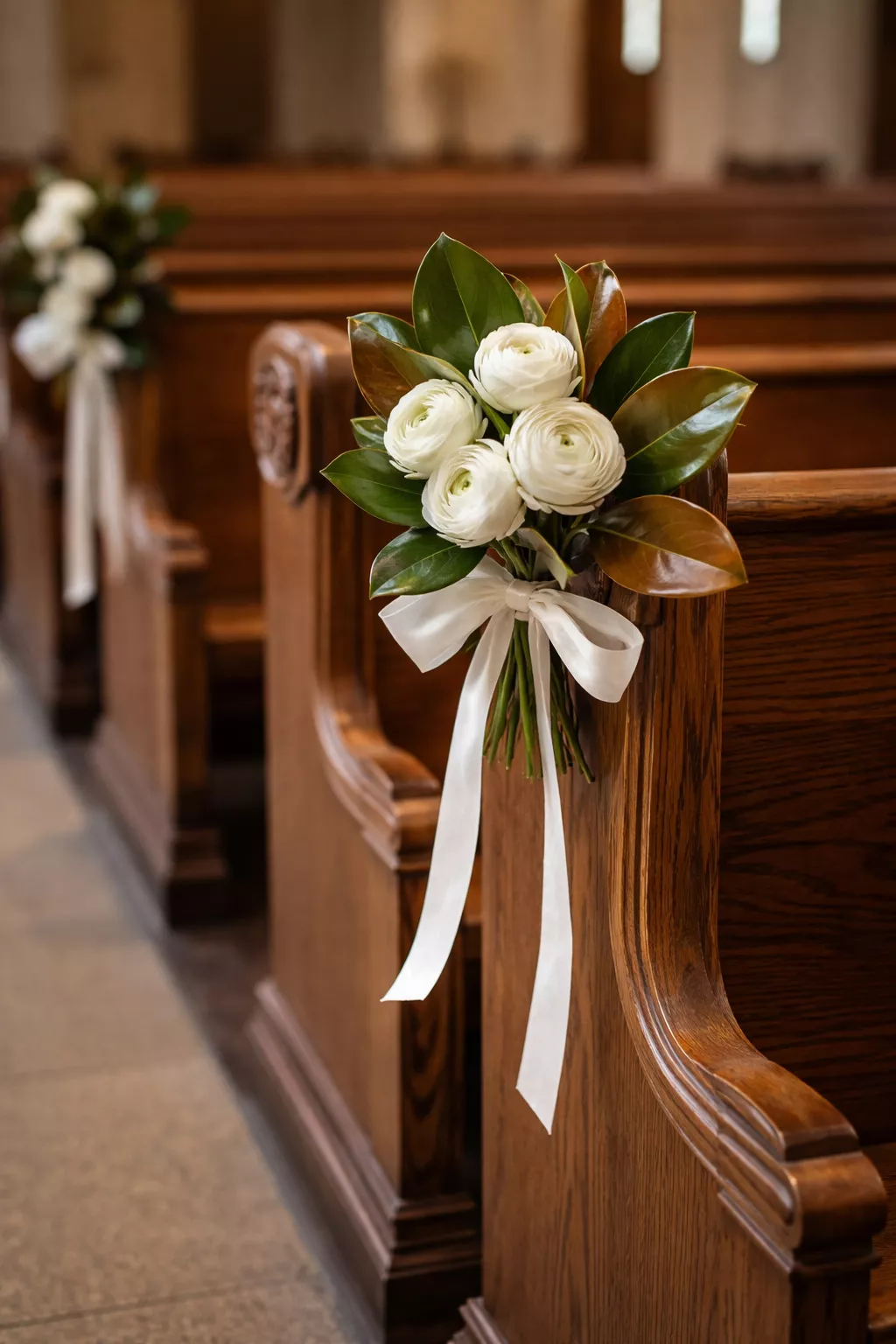 A realistic photo of wooden church pews decorated with small bouquets of white ranunculus and magnolia leaves tied with thin white velvet ribbons.