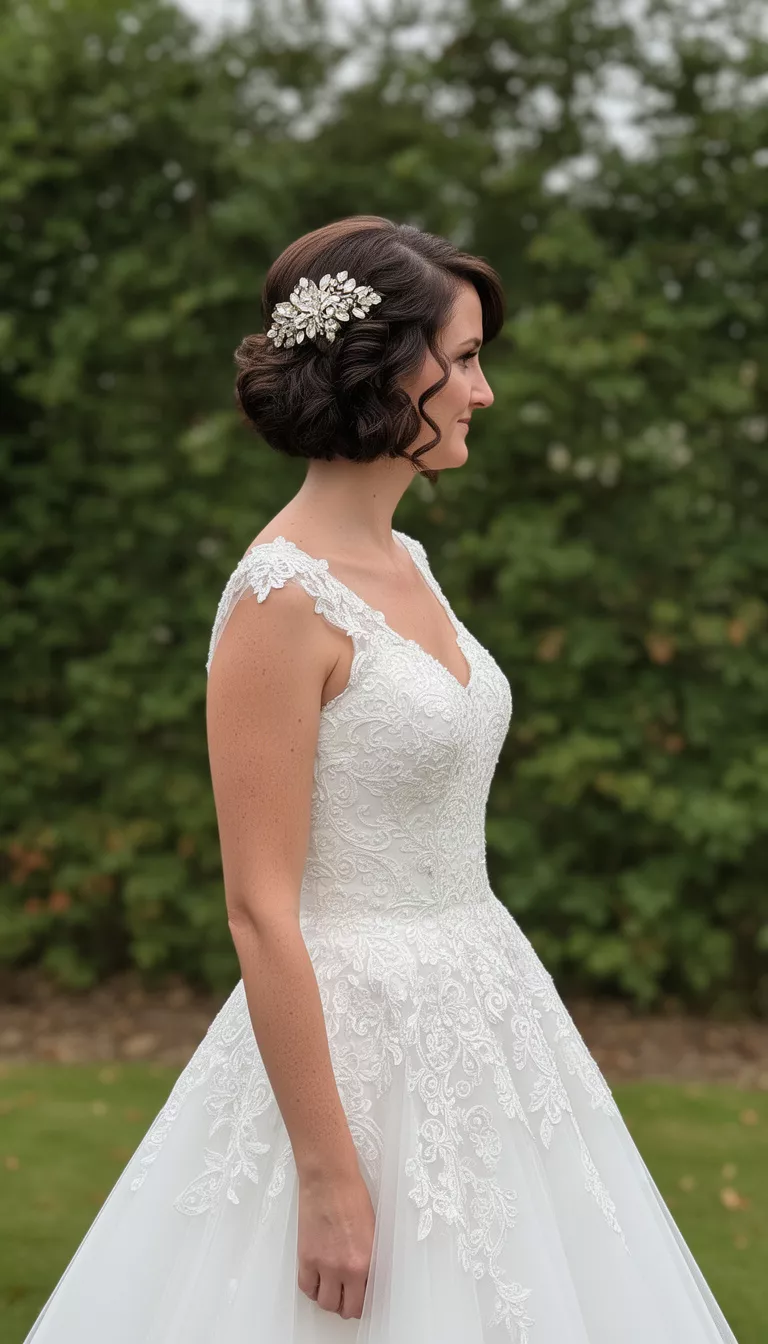 casual photo of a 40-year-old bride wearing a classic A-line wedding dress with a curled bob and an heirloom floral clip behind the ear, side view, shot with an iPhone 15 Pro Max