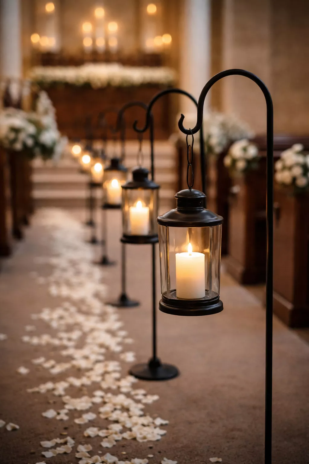 A realistic photo of black metal shepherd's hooks lining a church aisle each holding a glass lantern with a glowing white pillar candle inside.