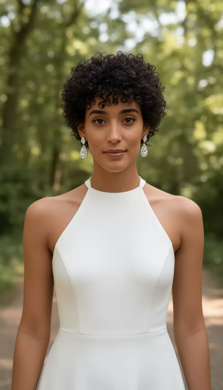 casual photo of a 28-year-old bride wearing a minimalist halter wedding dress with pixie-length natural curls and statement diamond earrings, shot with an iPhone 15 Pro Max
