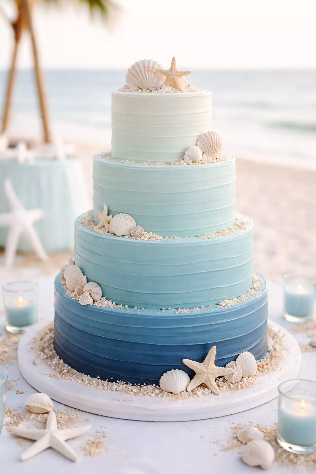 Oceanic Ombre Cake A realistic photo of an ombre wedding cake transitioning from deep navy to pale seafoam blue with smooth buttercream layers, decorated with small seashell accents for a beachside wedding.
