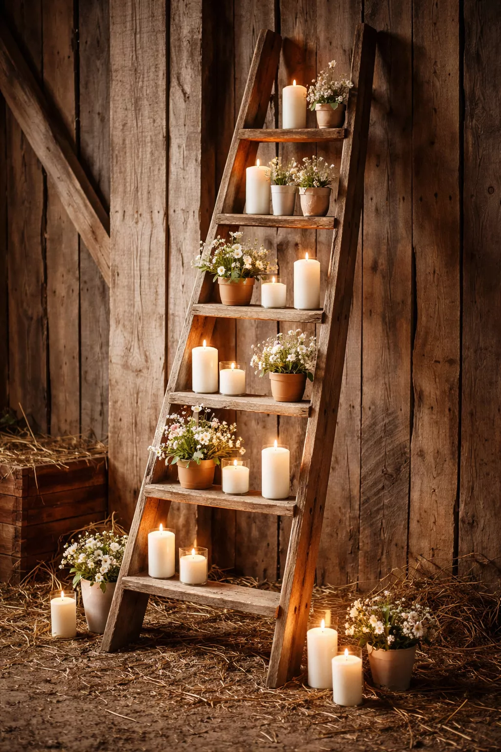 Unique Vintage Ladder Displays A realistic photo of a tall weathered wooden ladder leaning against a barn wall with white pillar candles and small flower pots on the steps.
