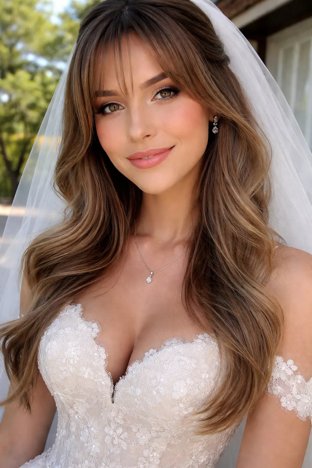 close-up casual photo of a 25-year-old bride wearing a stylish white wedding dress with Long Layers with Butterfly Bangs, shot with an iPhone 15 Pro Max