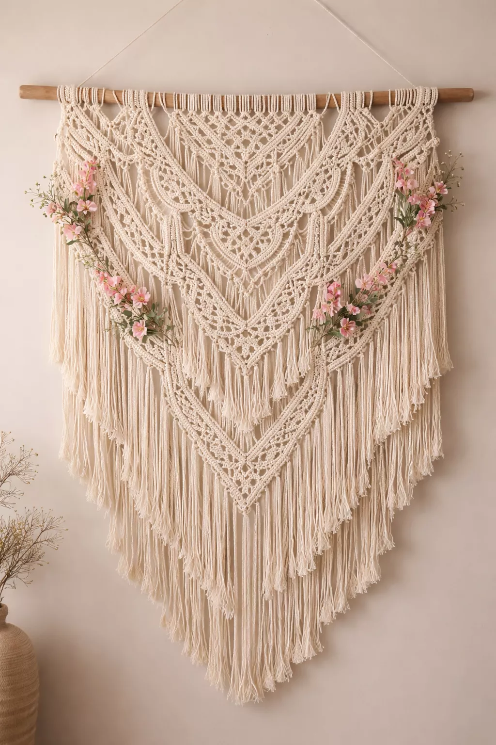 A realistic photo of a large cream cotton macrame wall hanging with intricate knots and small pink flowers tucked into the rope.