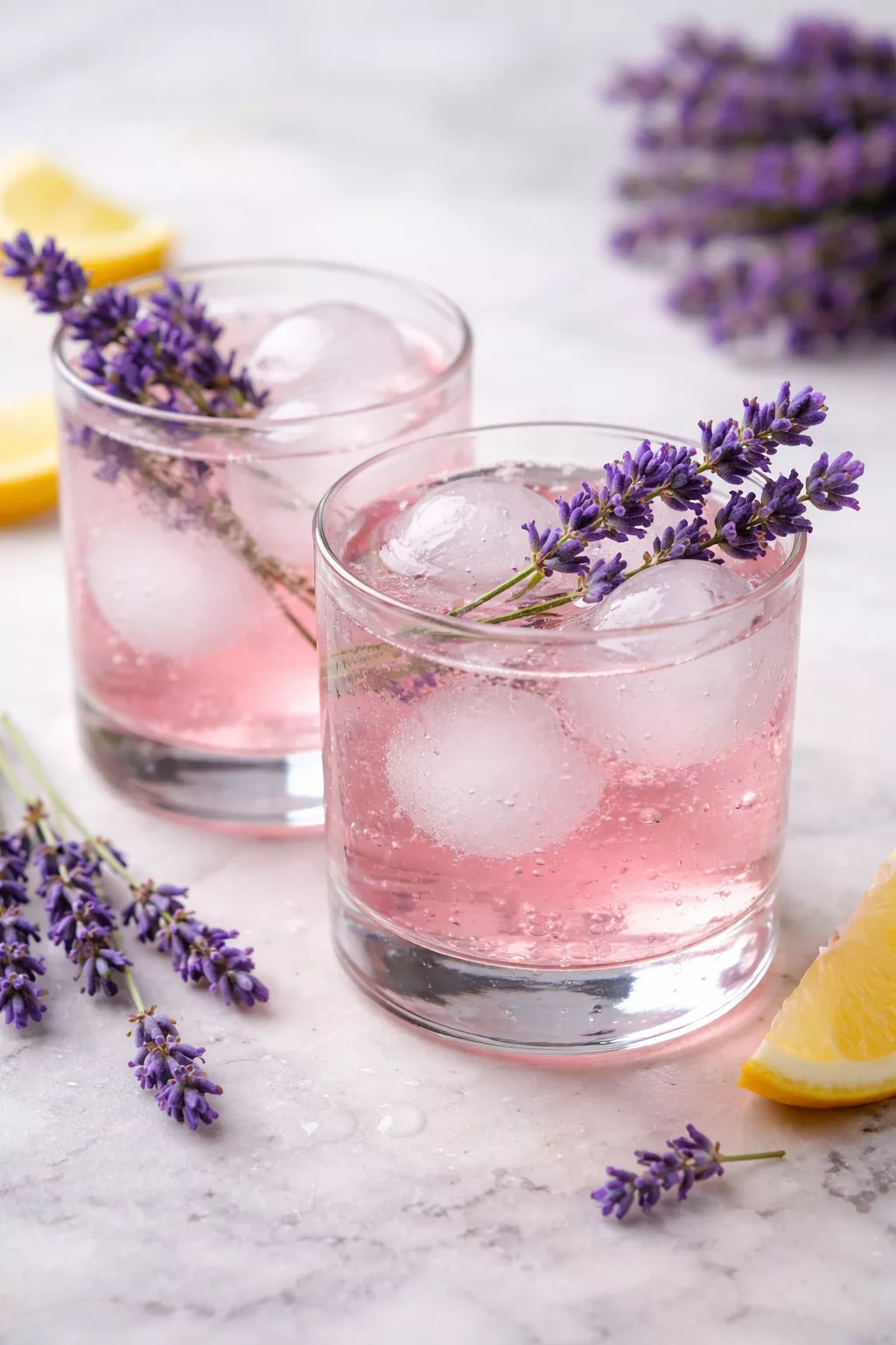 A realistic photo of two pink gin cocktails garnished with fresh purple lavender sprigs and round ice cubes in glass tumblers.