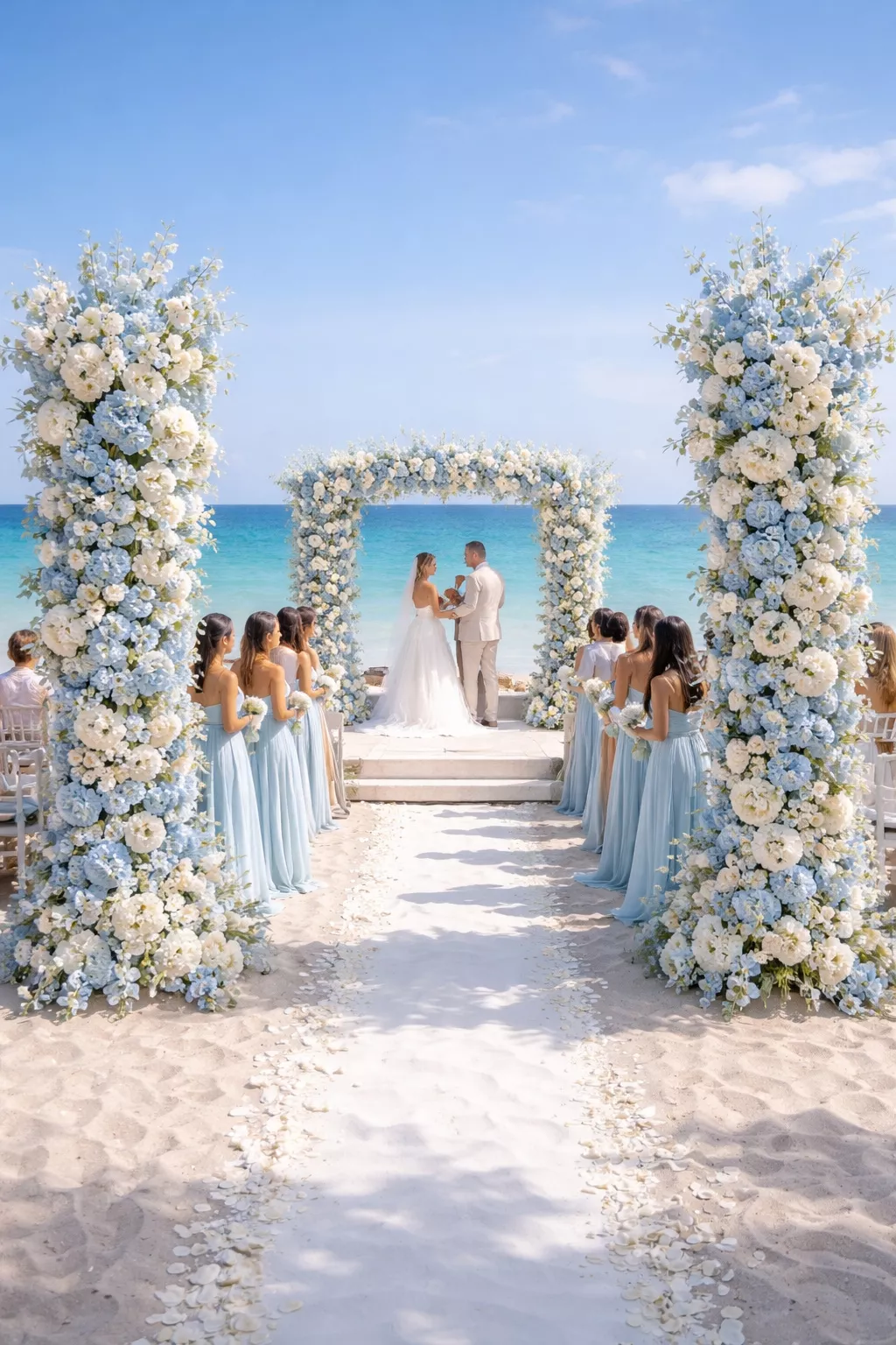 Sky Blue Serenity A realistic photo of a coastal wedding ceremony with sky blue floral pillars, white sandy paths, and light blue chiffon bridesmaid gowns.