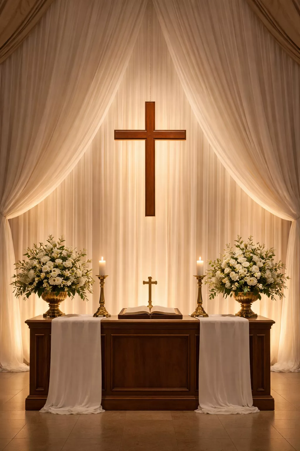 A realistic photo of the area behind a church altar covered in floor-to-ceiling sheer white chiffon fabric with soft warm uplighting.