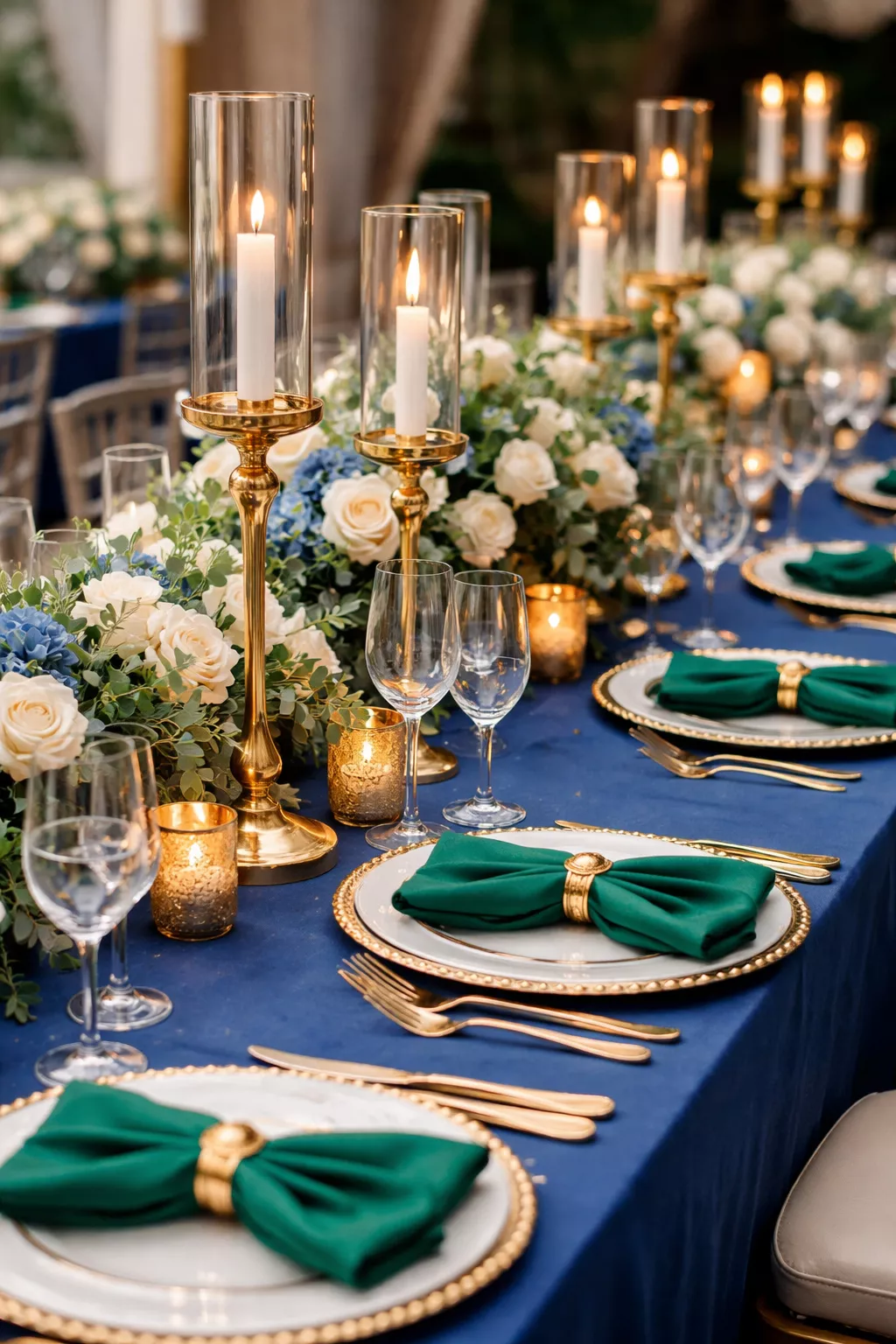 Bold Jewel Tone Tablescapes A realistic photo of a wedding table featuring a sapphire blue tablecloth, emerald green napkins, and gold metal candle holders.