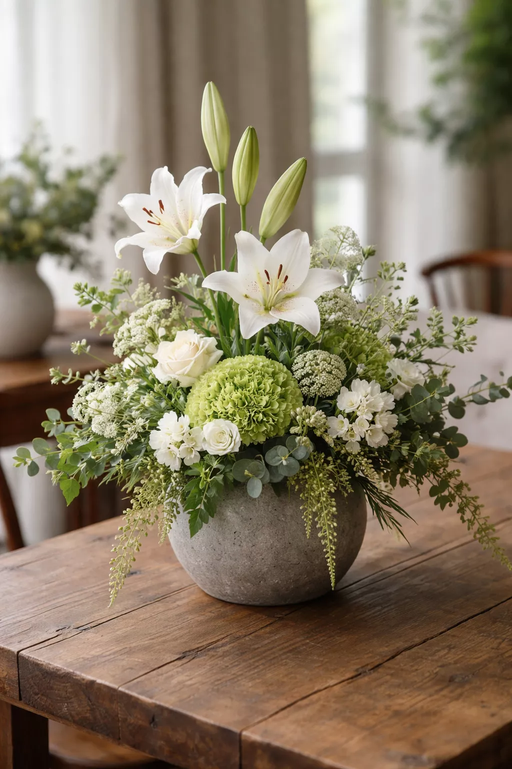 Asymmetrical Floral Arrangements A realistic photo of an asymmetrical floral centerpiece with tall white lilies and short green leaves in a grey stone vase on a wood table.