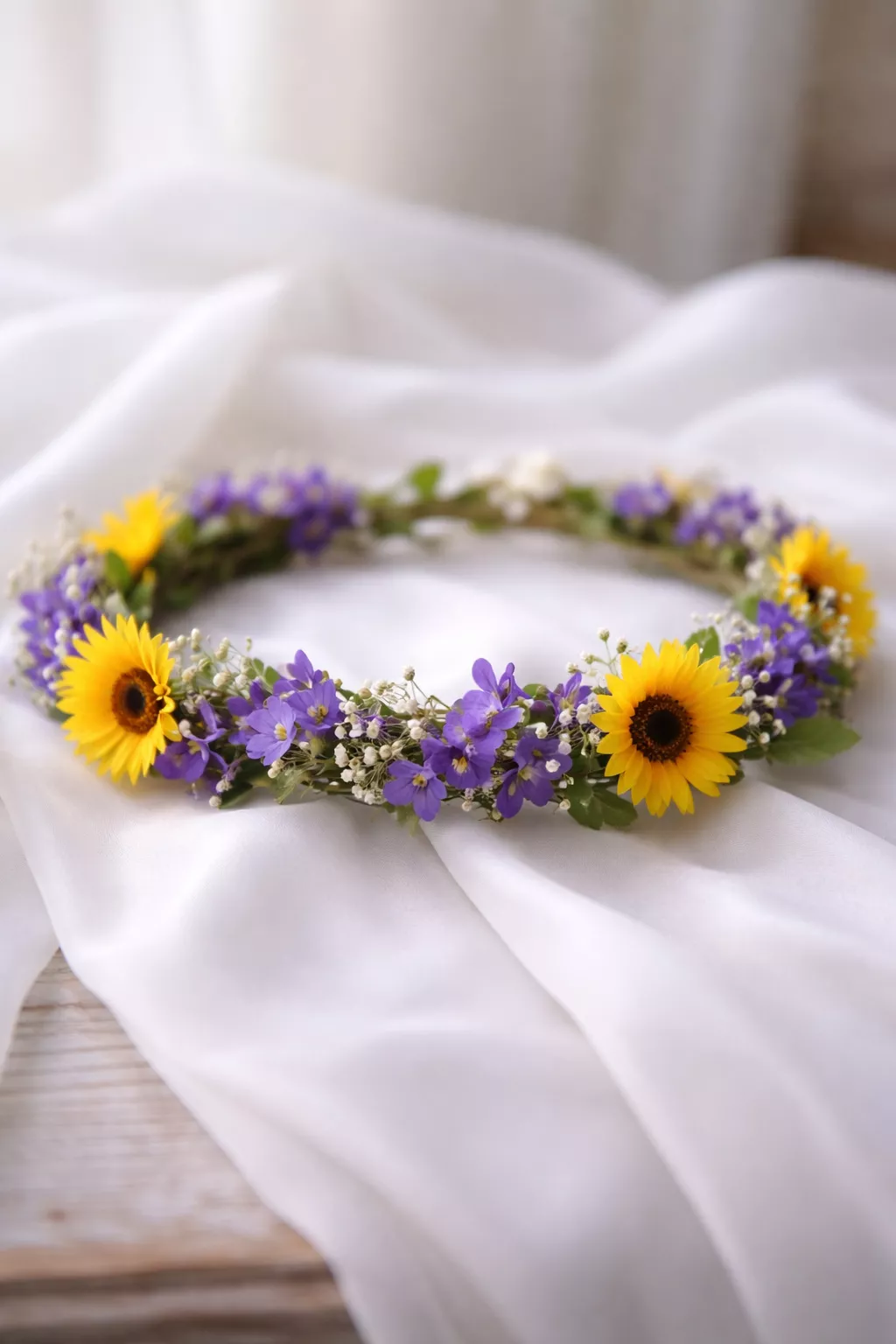 A realistic photo of a romantic flower crown woven with small purple violets and yellow sunflowers sitting on top of a table with a white silk veil.