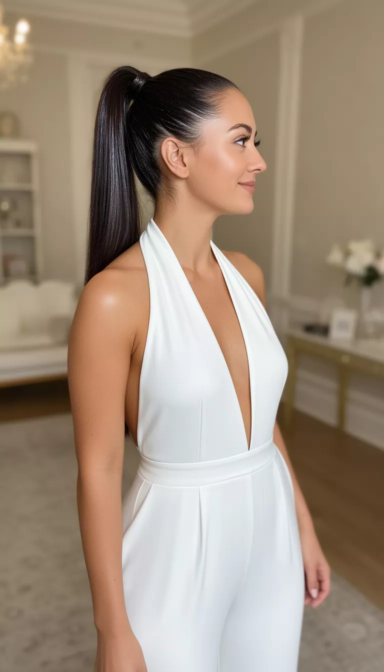 selfie of a 30-year-old bride wearing a white halter neck jumpsuit with a glossy high ponytail, side view, shot with an iPhone 15 Pro Max