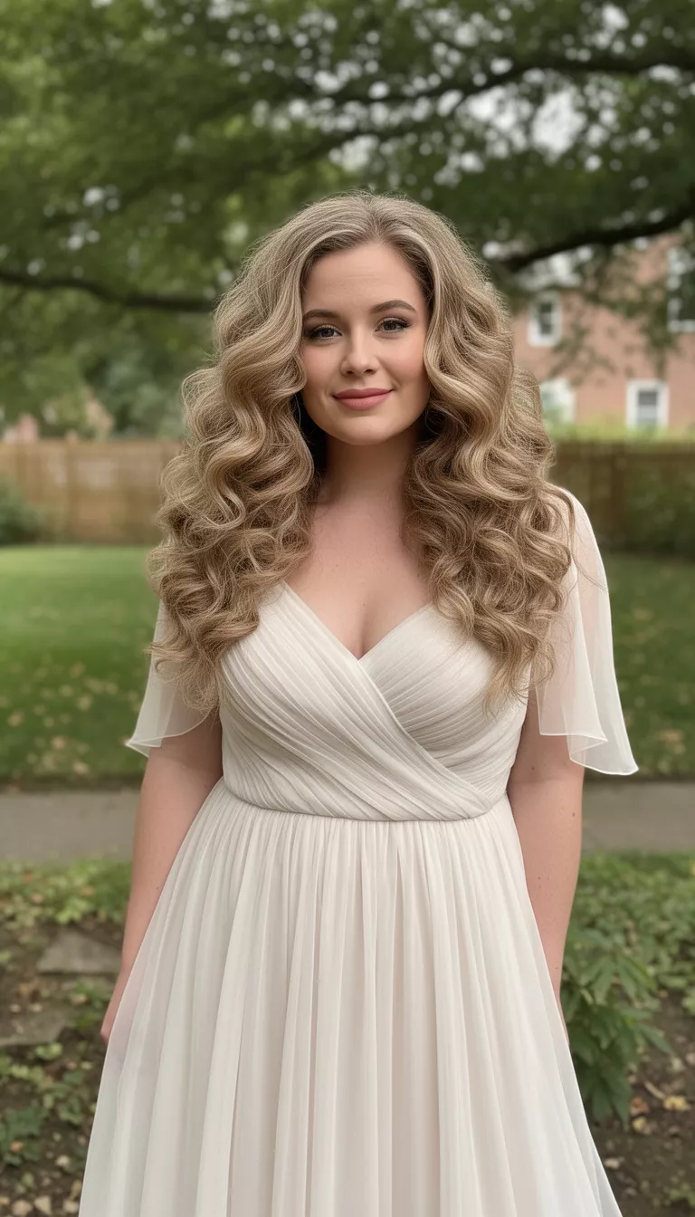 casual photo of a 29-year-old bride wearing a flowy chiffon dress with a voluminous round-brush blowout, shot with an iPhone 15 Pro Max