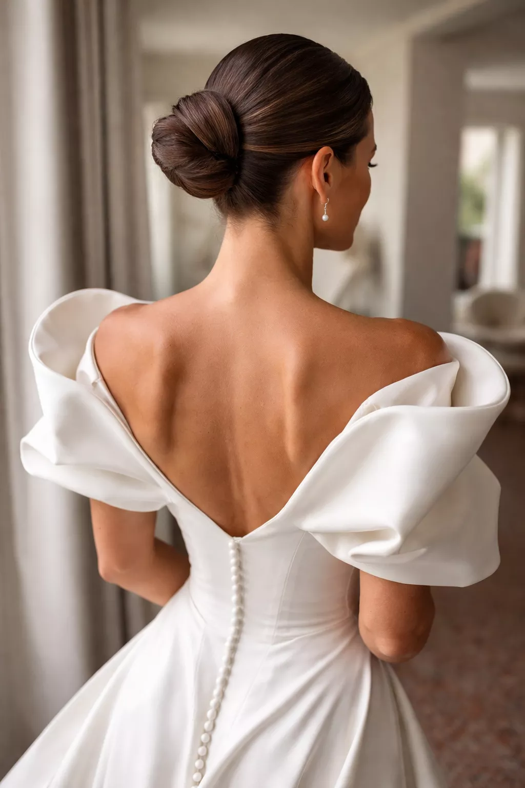 close-up realistic photo of a 45-year-old bride wearing an avant-garde wedding dress with a minimalist sculpted bun, back view, shot with an iPhone 15 Pro Max