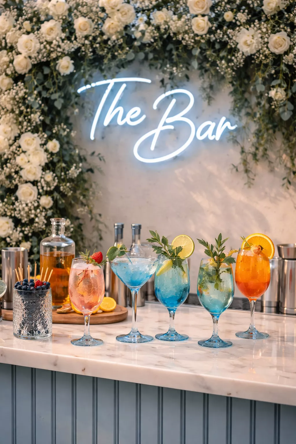 A realistic photo of a wedding bar area with a dusty blue neon sign and blue tinted glassware filled with cocktails topped with fruit garnishes