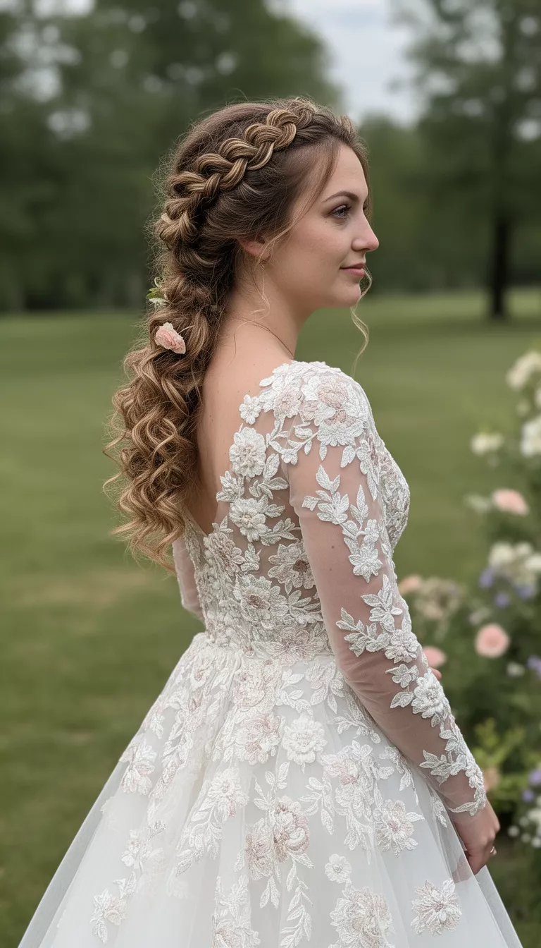 Curly Crown Braid casual photo of a 29-year-old bride wearing a floral embroidered wedding dress with a curly crown braid, shot with an iPhone 15 Pro Max