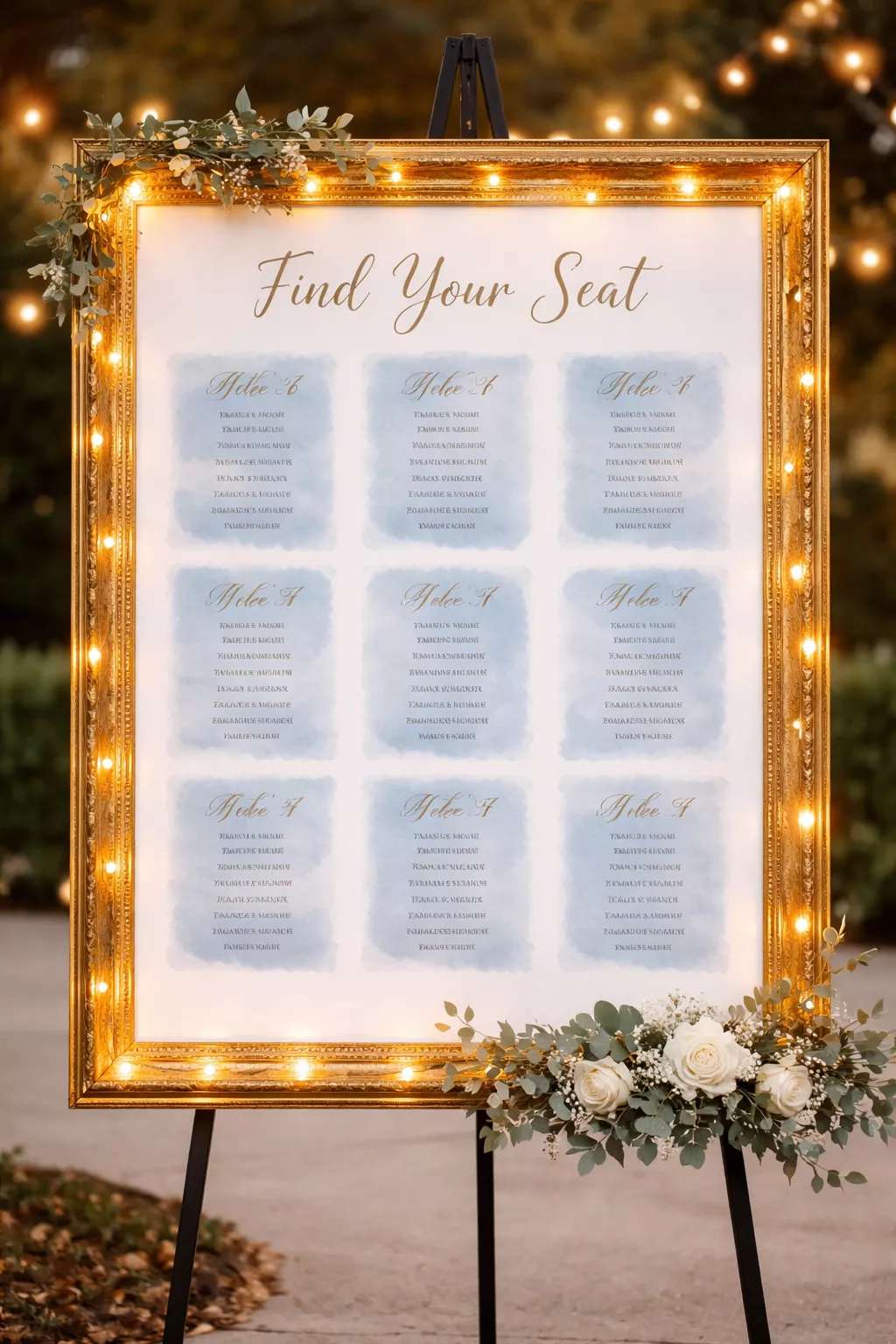 A realistic photo of a large seating chart in a gold frame with dusty blue watercolor backgrounds for each table list and warm string lights around the edges