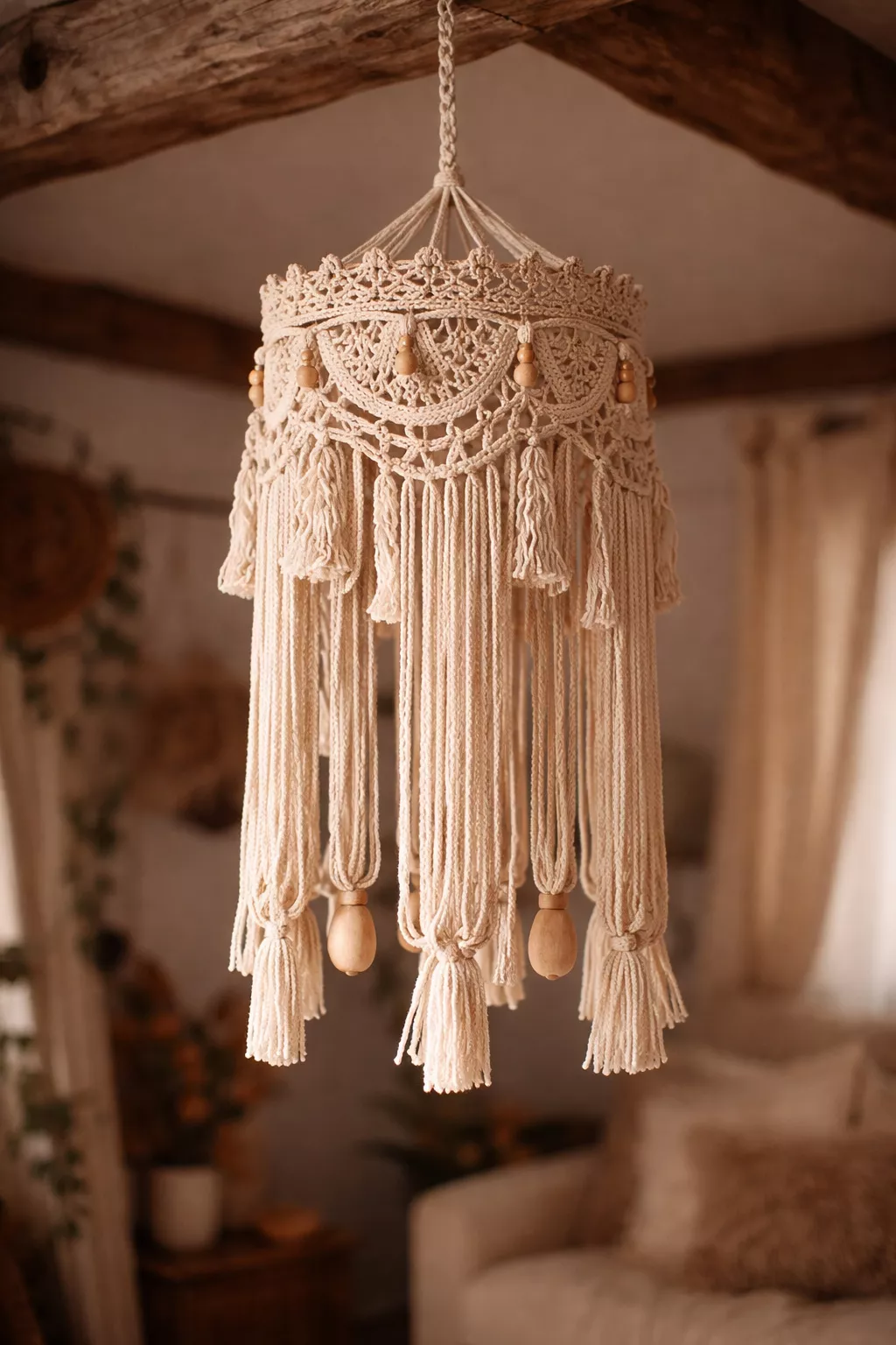 A realistic photo of a handmade white macrame chandelier with long tassels and wooden beads, hanging from a rustic wooden ceiling beam.