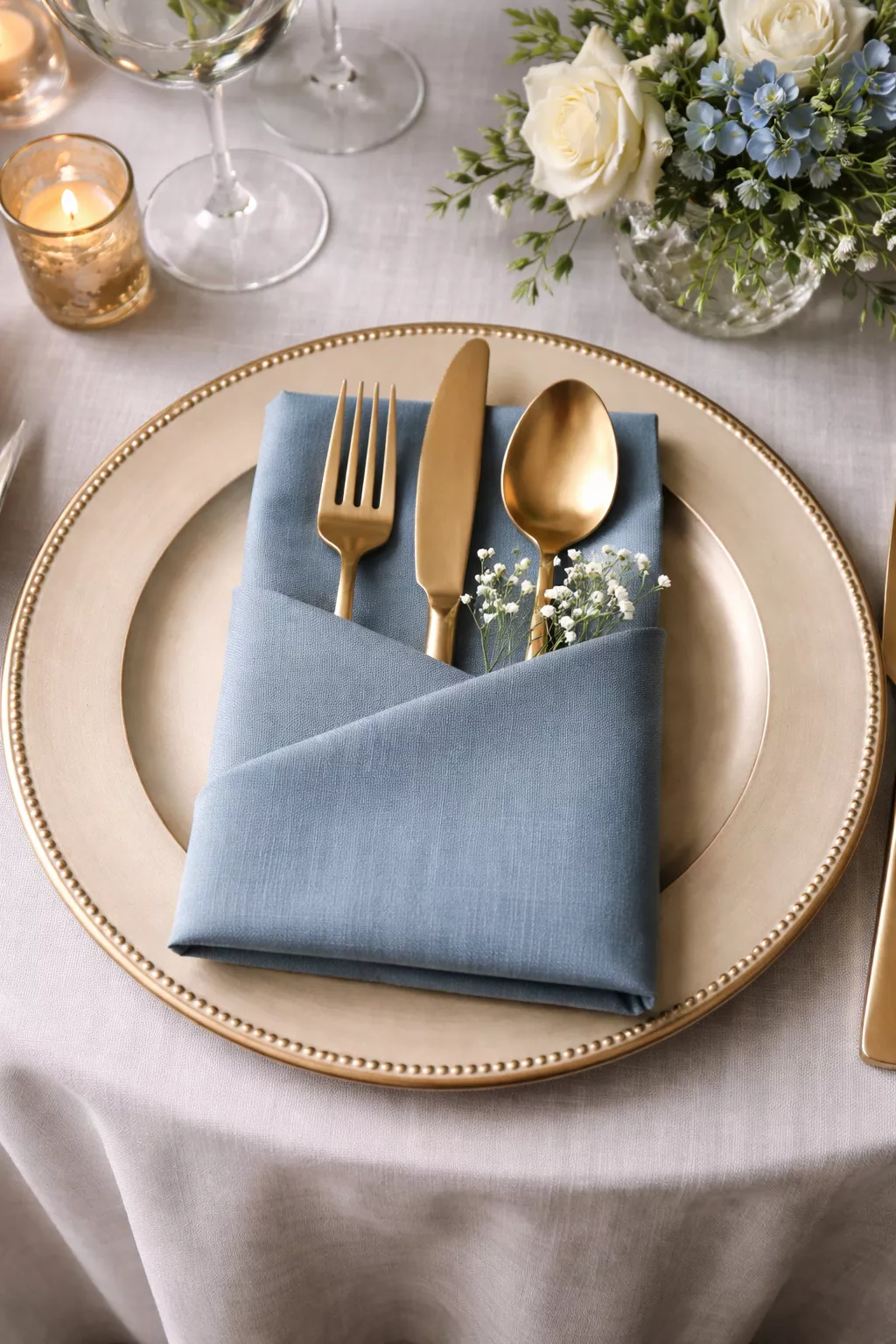 A realistic photo of a table setting with dusty blue linen napkins folded into pockets for gold cutlery on a champagne colored charger plate