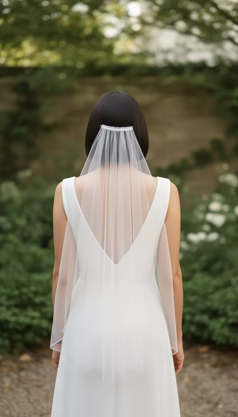 casual photo of a 27-year-old bride wearing a chic minimalist wedding dress with a flat-ironed straight bob and a simple tulle veil, back view, shot with an iPhone 15 Pro Max
