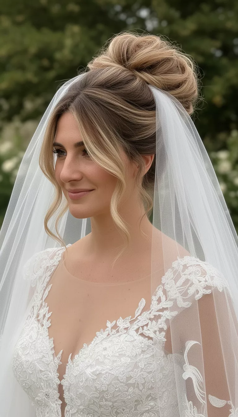 close-up casual photo of a 30-year-old bride wearing a dramatic cathedral veil with a Voluminous Bun with Face Framing Strands, shot with an iPhone 15 Pro Max