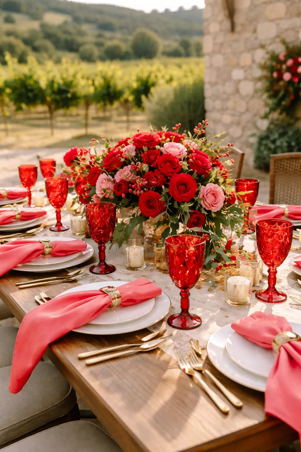 Juicy Red Passion A realistic photo of a bold vineyard wedding table setting featuring poppy red glassware, watermelon hued napkins, and lush romantic red roses against a neutral stone background.