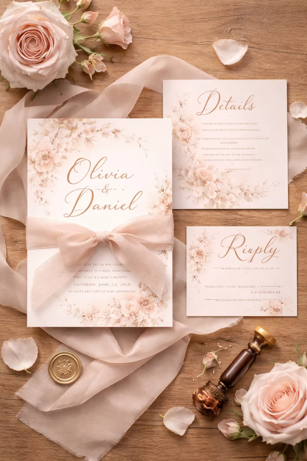 Blush Pink Romance A realistic photo of a romantic wedding invitation suite in soft blush pink with rose gold foil accents and delicate silk ribbons on a light brown wooden surface.