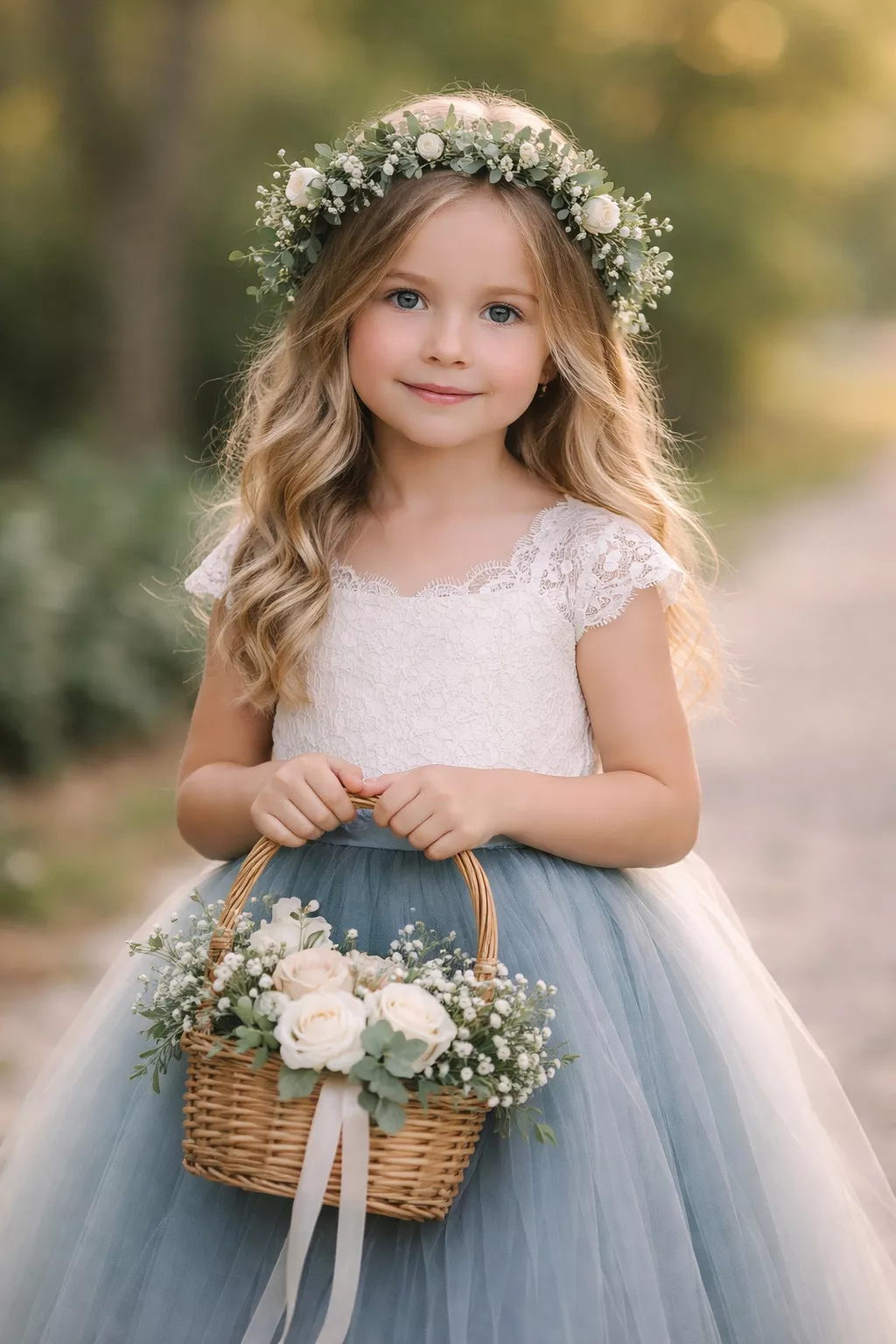 A realistic photo of a young flower girl in a white lace dress with a dusty blue tulle skirt and a sage green floral crown