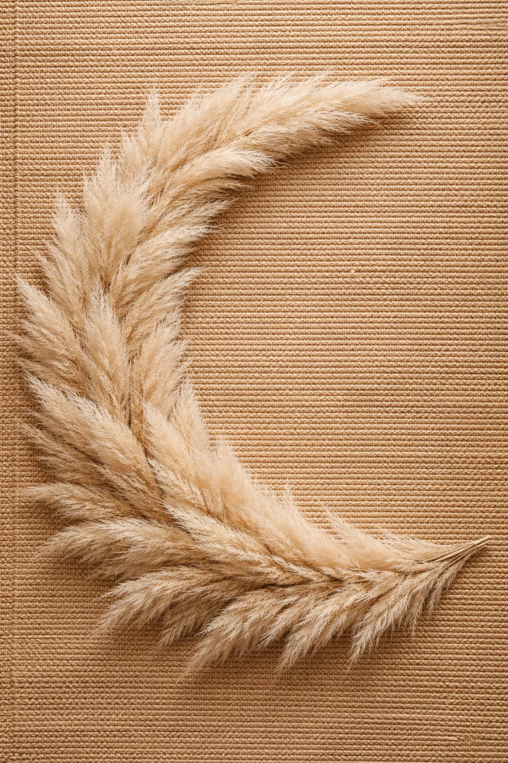 A realistic photo of large beige pampas grass plumes arranged in a crescent moon shape on a tan woven rug.