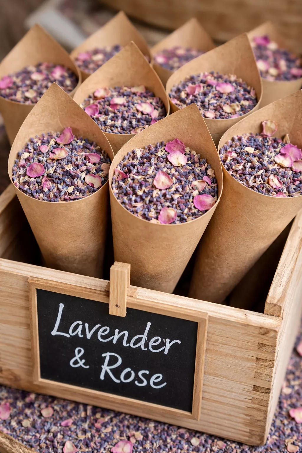Custom Confetti Cones A realistic photo of several brown kraft paper cones filled with dried purple lavender buds and pink rose petals, displayed in a light wood crate with a small chalkboard sign.