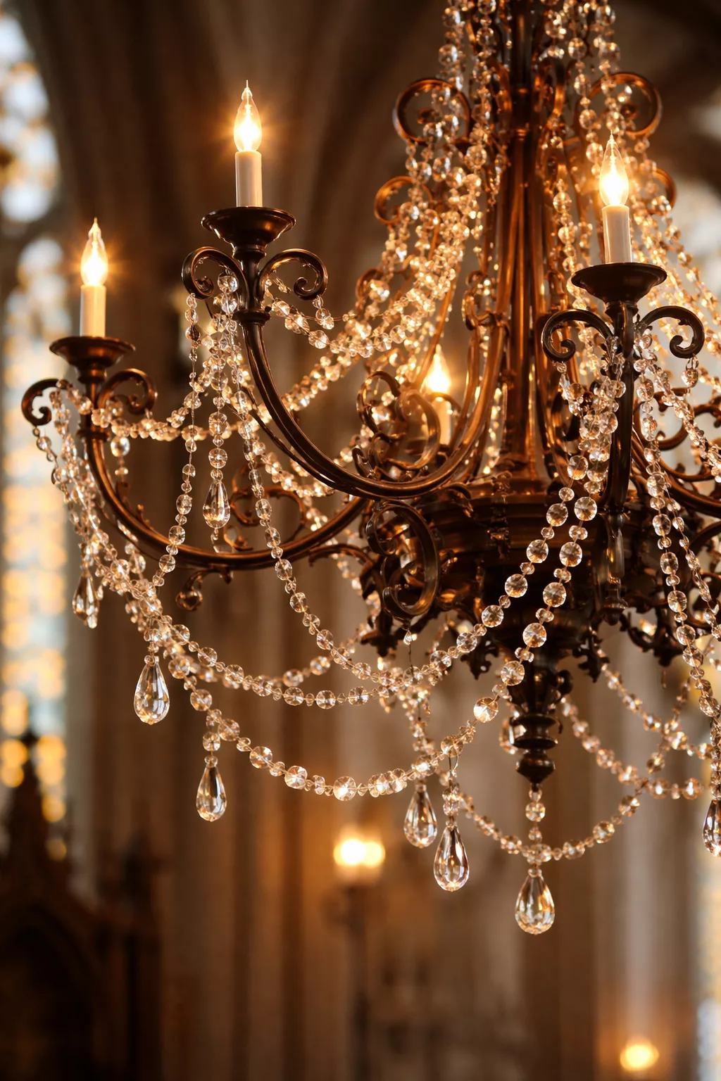 A realistic photo of a crystal garland draped over an existing wrought iron church chandelier reflecting tiny points of light.