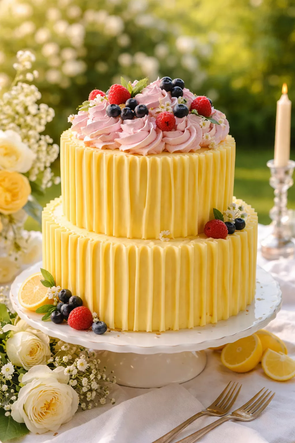 Ruffled Sugar Cake A realistic photo of a buttery lemon wedding cake covered in bold vertical sugar ruffles and topped with mixed-berry meringue buttercream, displayed in a sunlit garden setting.