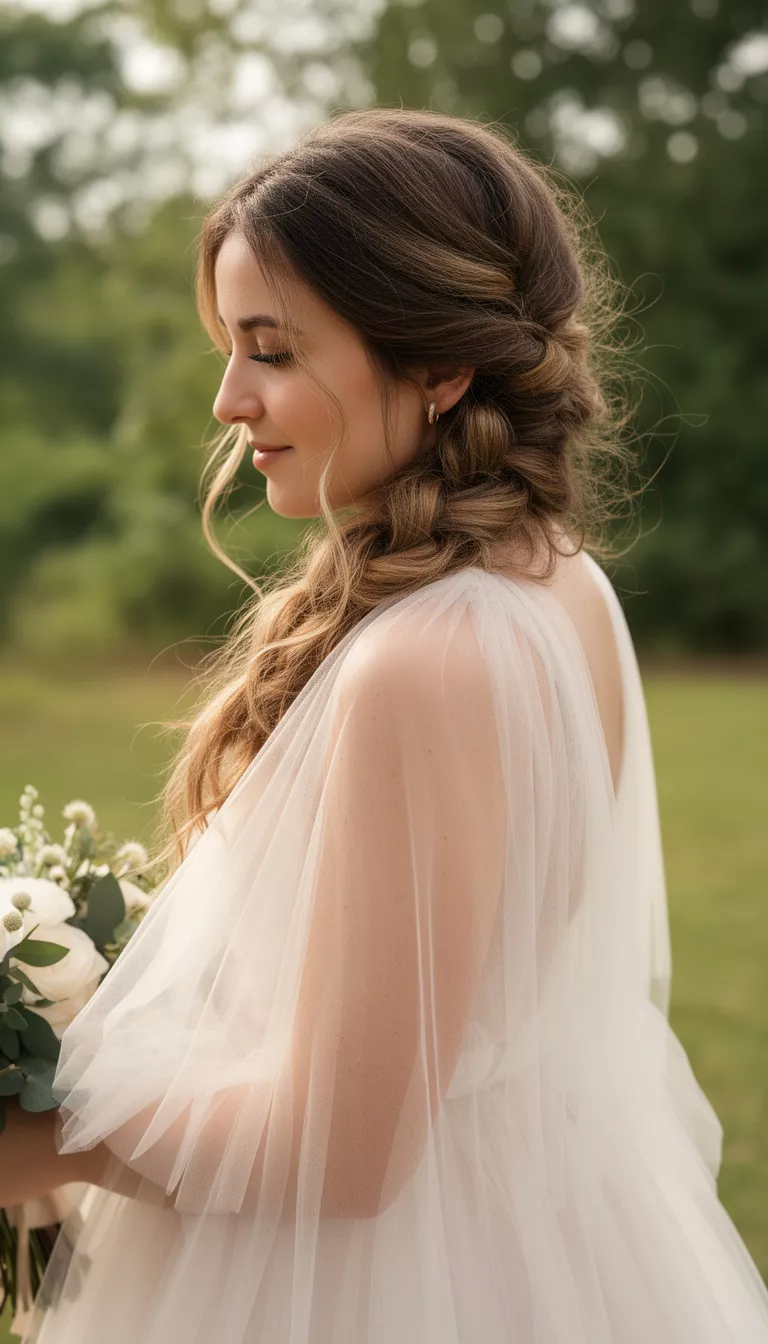 close-up casual photo of a 31-year-old bride wearing a soft tulle gown with a loose romantic side braid, side view, shot with an iPhone 15 Pro Max