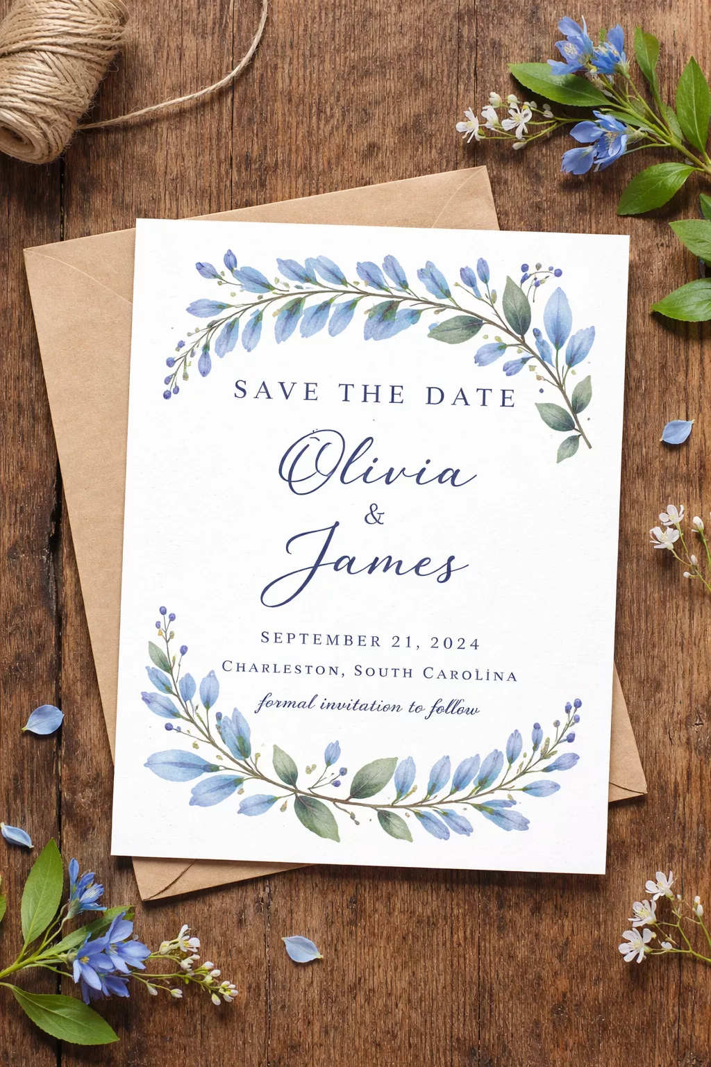 A realistic photo of a flat save-the-date card featuring a blue honeysuckle motif and a small brown envelope on a wooden background.