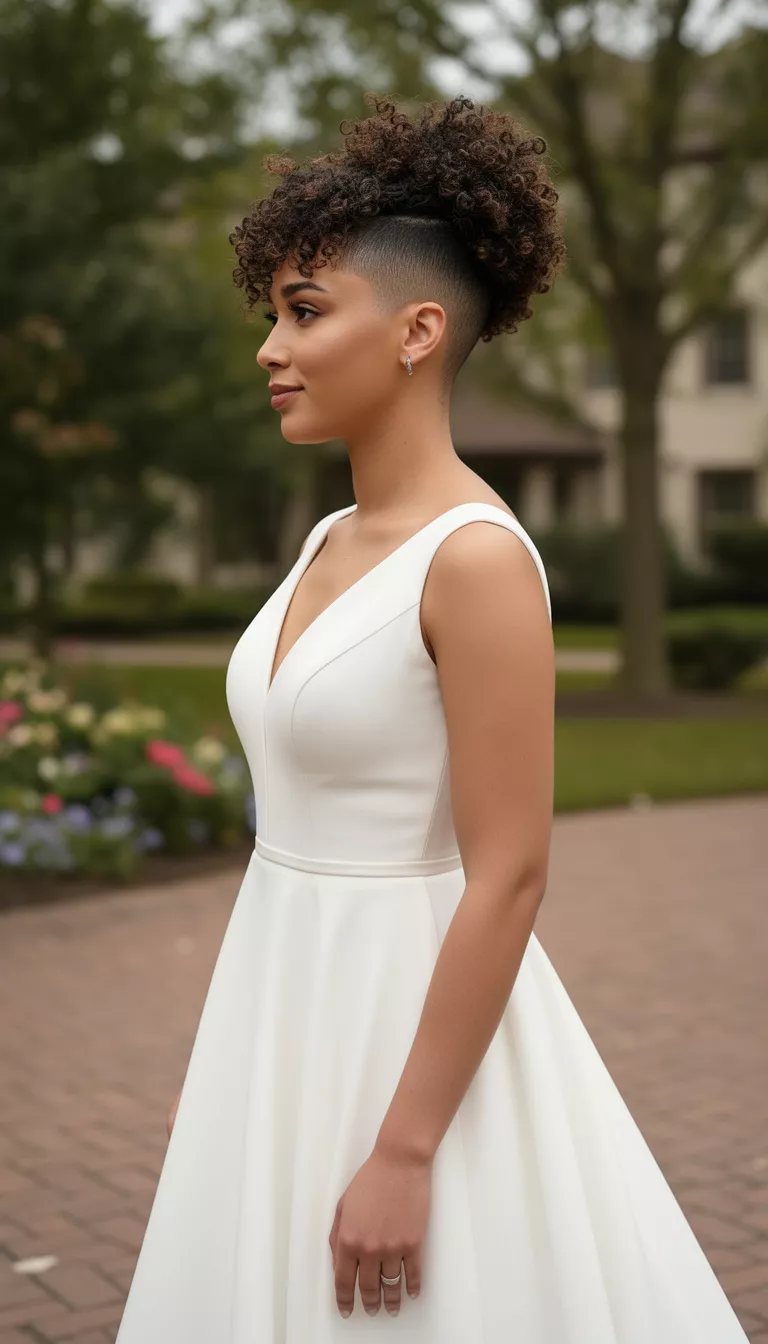 casual photo of a 26-year-old bride wearing a chic white wedding dress with a tapered fade and defined curls on top, profile view, shot with an iPhone 15 Pro Max