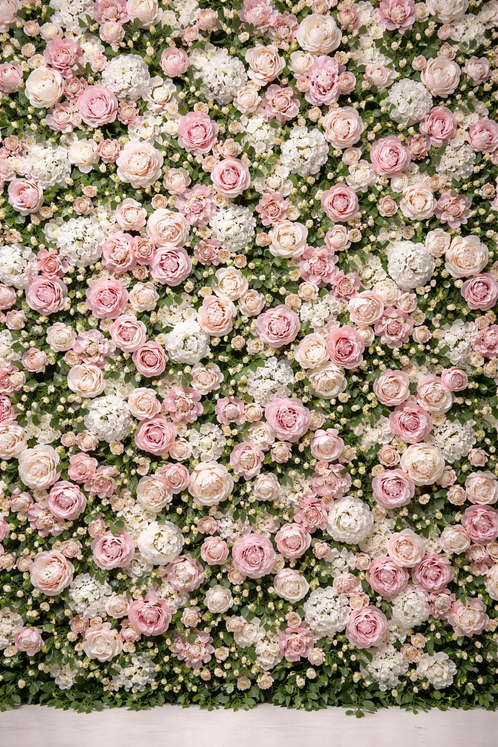 A realistic photo of a large wall covered in pink and white roses and green leaves, serving as a wedding photo background.