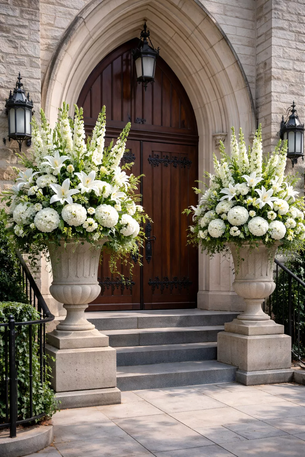 A realistic photo of two tall classic stone urns flanking a church entrance filled with massive arrangements of white lilies, hydrangeas, and tall snapdragons.