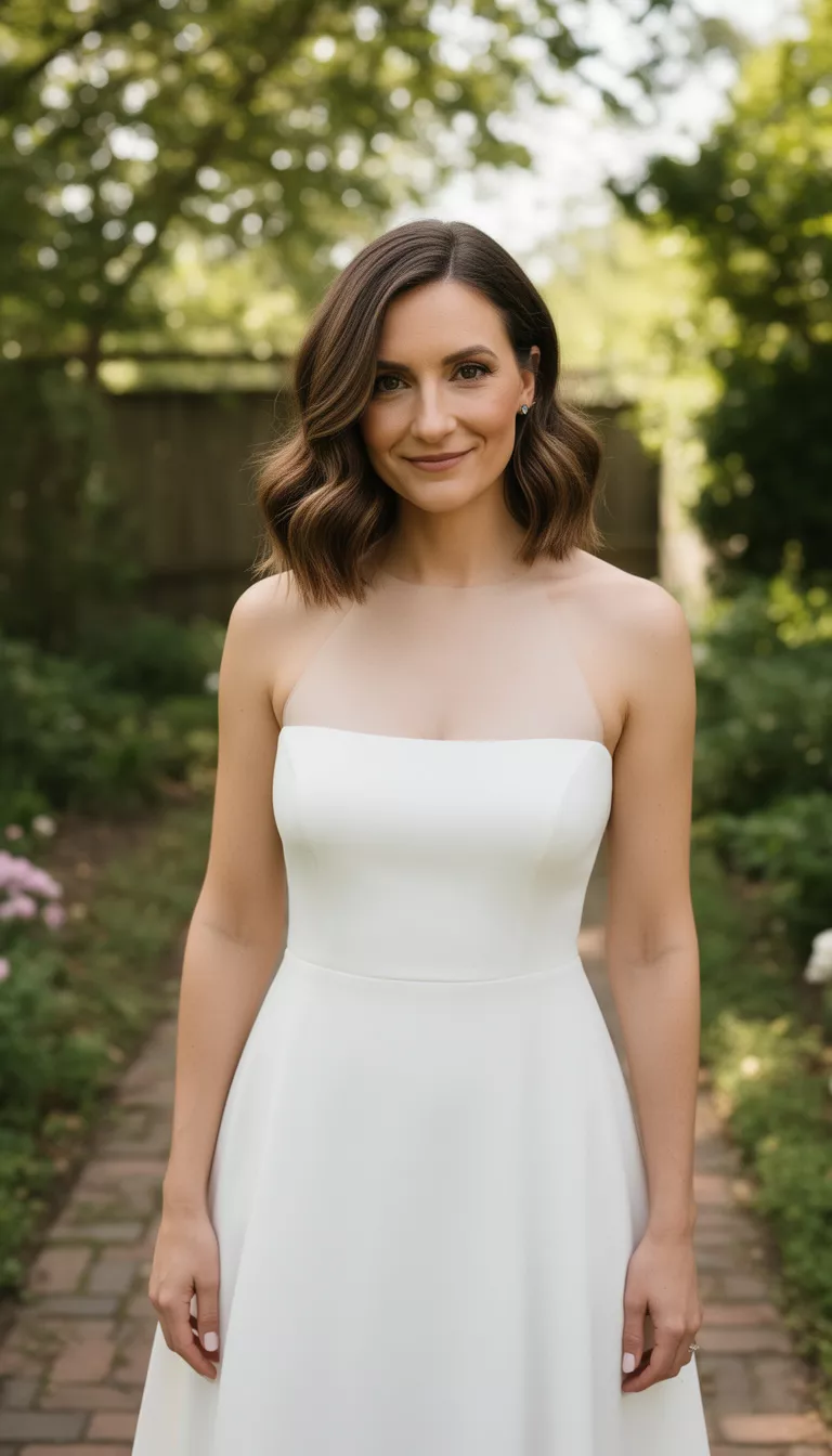 casual photo of a 31-year-old bride wearing a simple crepe wedding dress with a lob-length hairstyle, soft wand waves, and a deep side part, shot with an iPhone 15 Pro Max