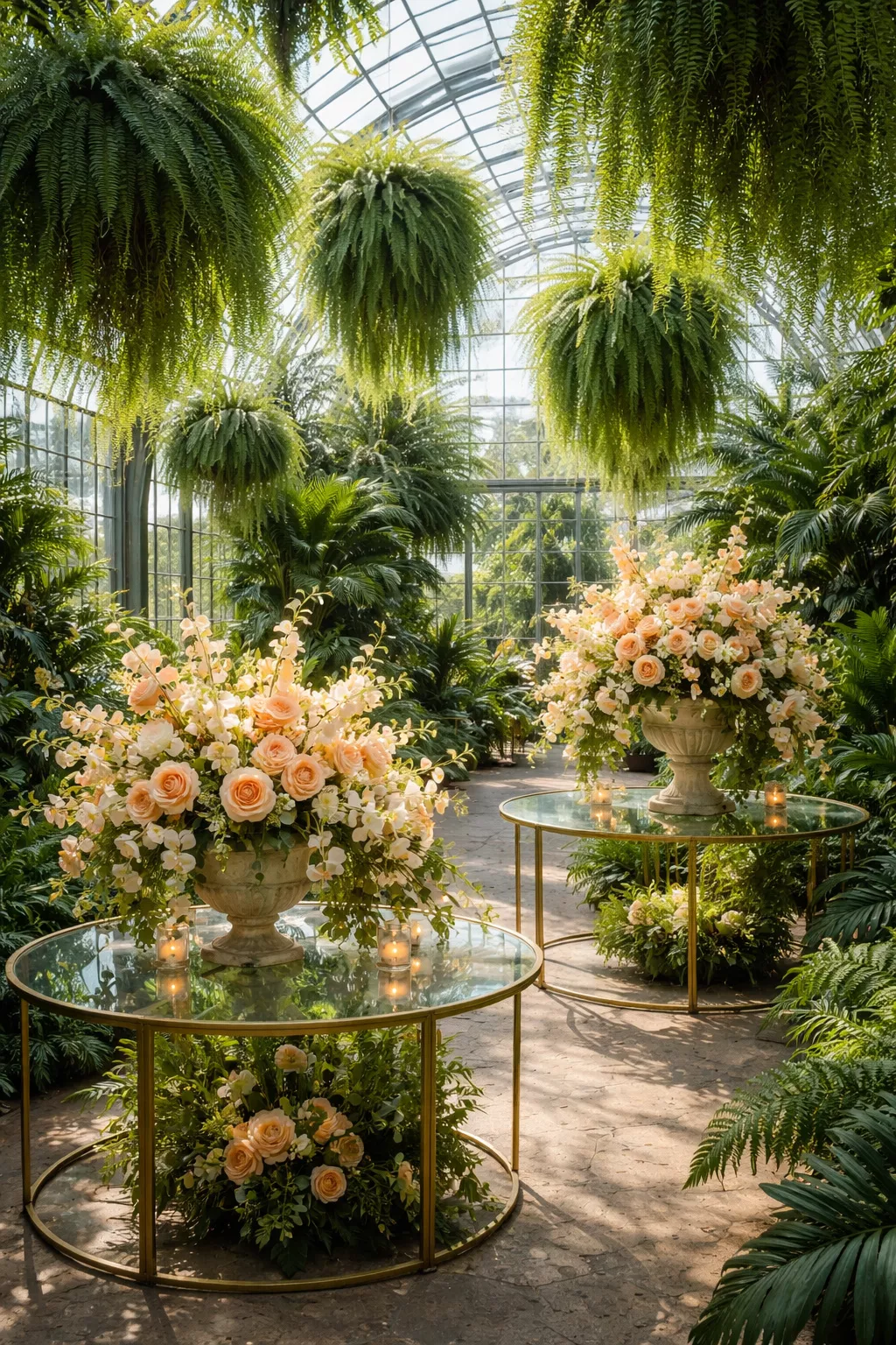 Private Garden Greenhouse Gathering A realistic photo of a lush glass greenhouse interior featuring hanging emerald ferns, peach-colored roses, and sculptural floral arrangements on glass tables.