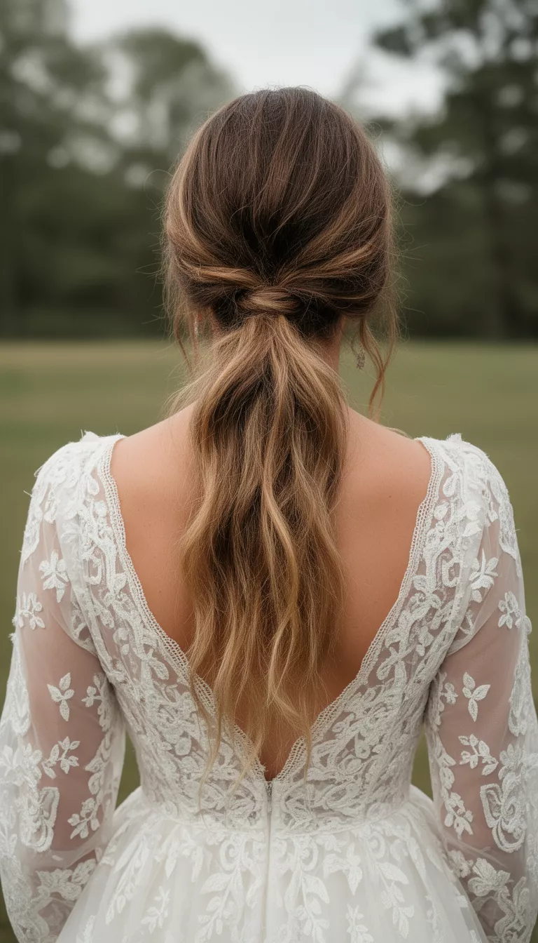 close-up casual photo of a 29-year-old bride wearing a bohemian style wedding dress with a textured low ponytail and loose strands, back view, shot with an iPhone 15 Pro Max