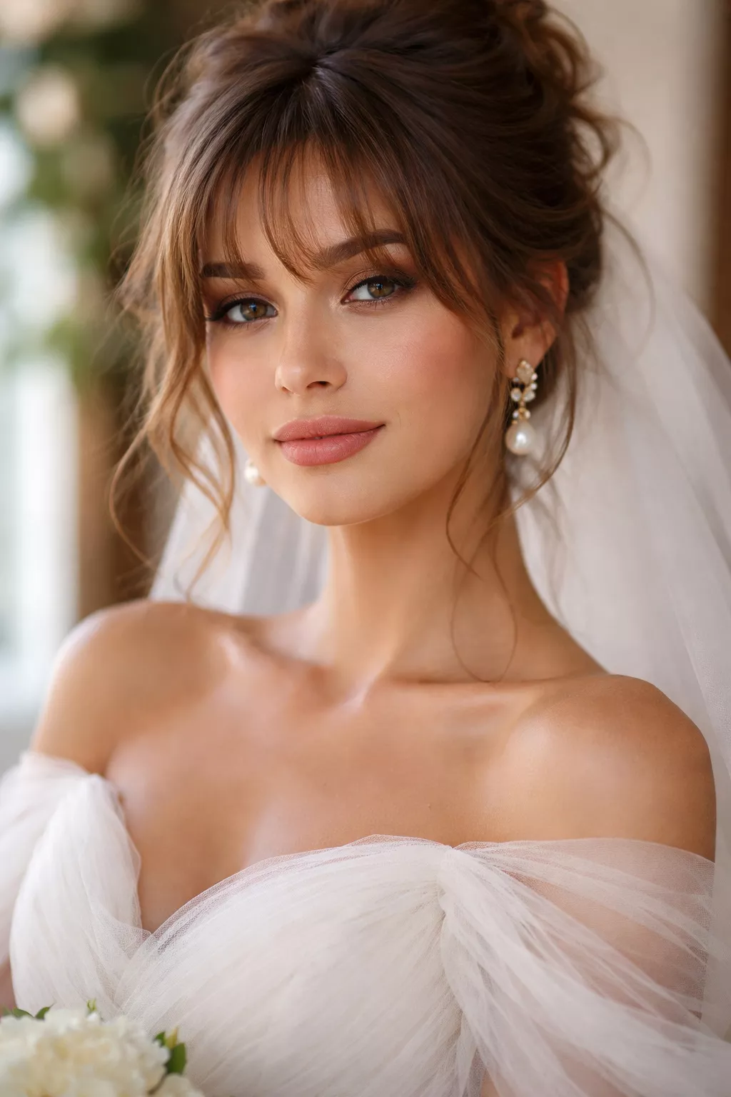close-up realistic photo of a 30-year-old bride wearing an ethereal off the shoulder dress with a Messy Updo with Feather Bangs, shot with an iPhone 15 Pro Max