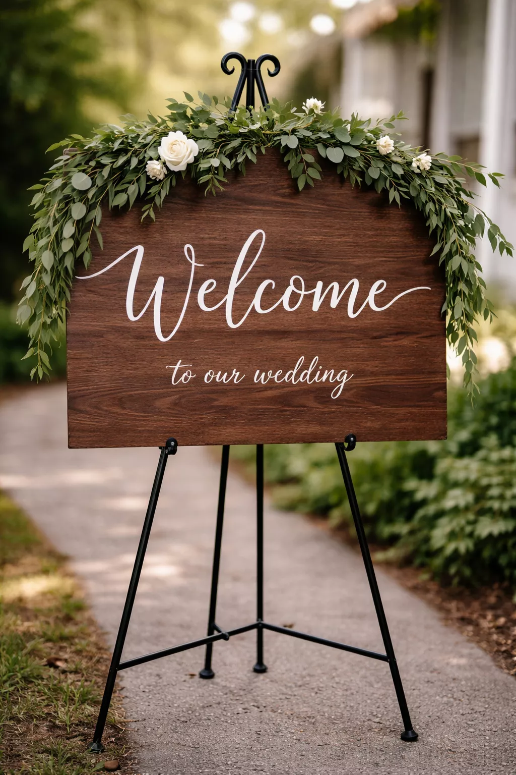 Hand Painted Welcome Sign A realistic photo of a large dark wood welcome sign with hand-painted white script lettering, standing on a black metal easel decorated with a garland of greenery.